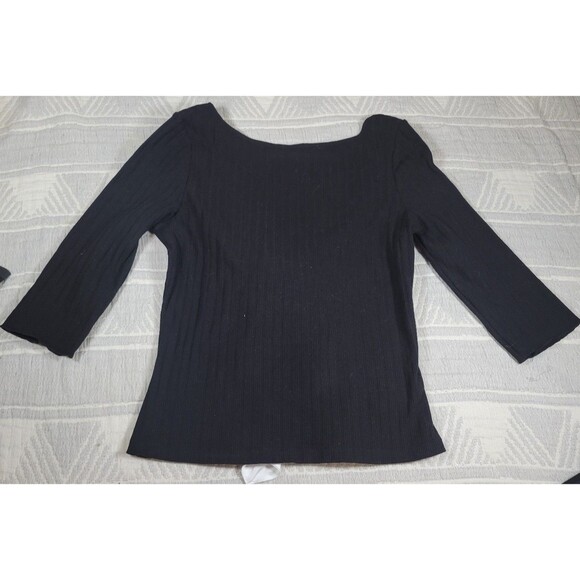 Free People Black Ribbed Knit Top with White Satin Bow — Size L - Picture 1 of 6